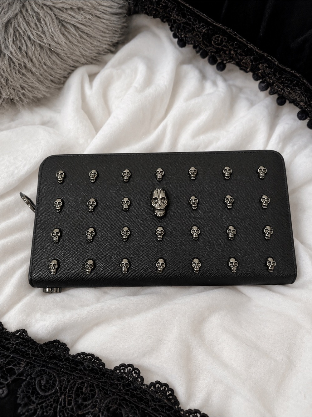 Black Skull-Stud Zip Around Wallet